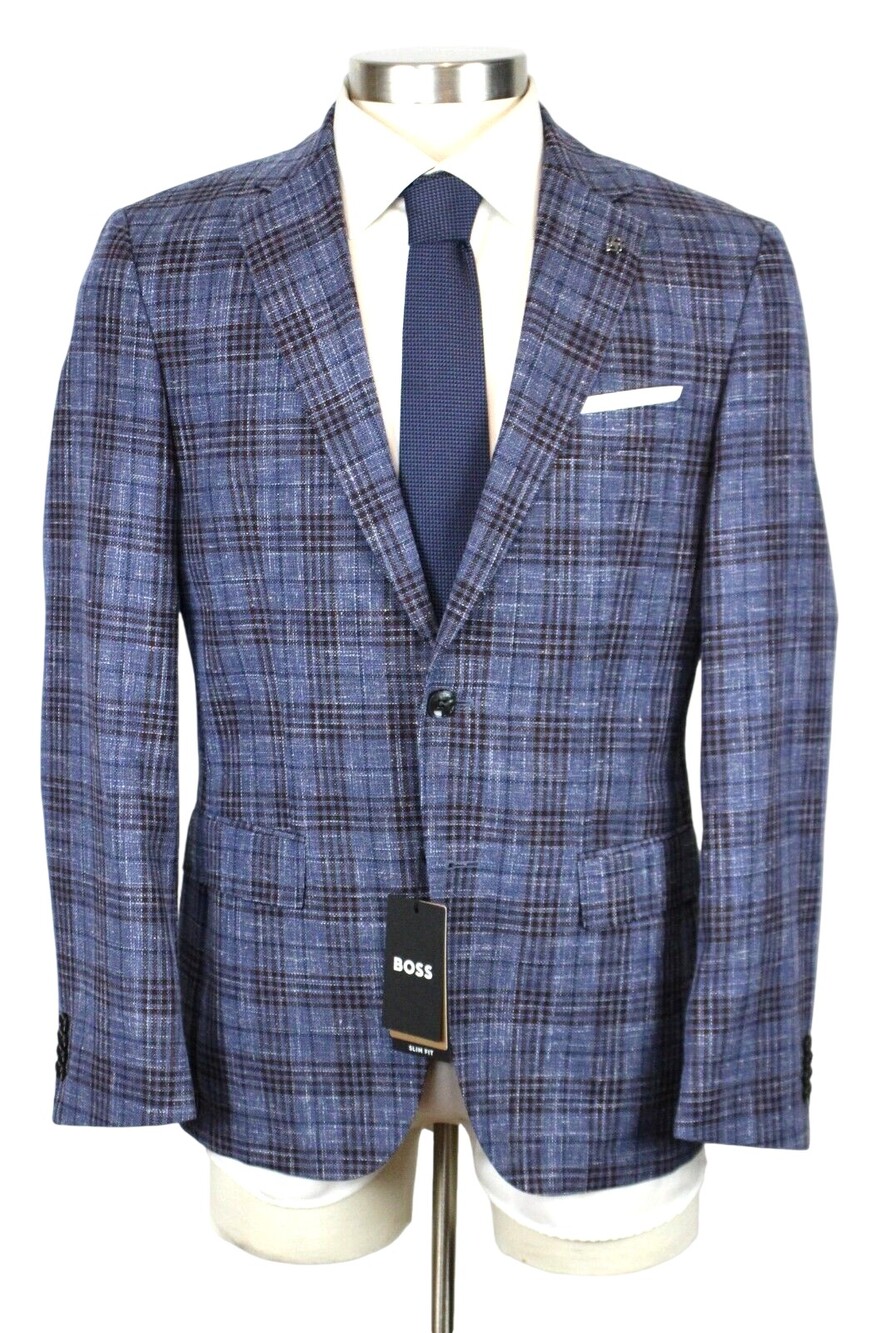 Hugo Boss Hutson Sport Coat 38 R Mens Slim Fit Blue Plaid Wool Linen Cotton New